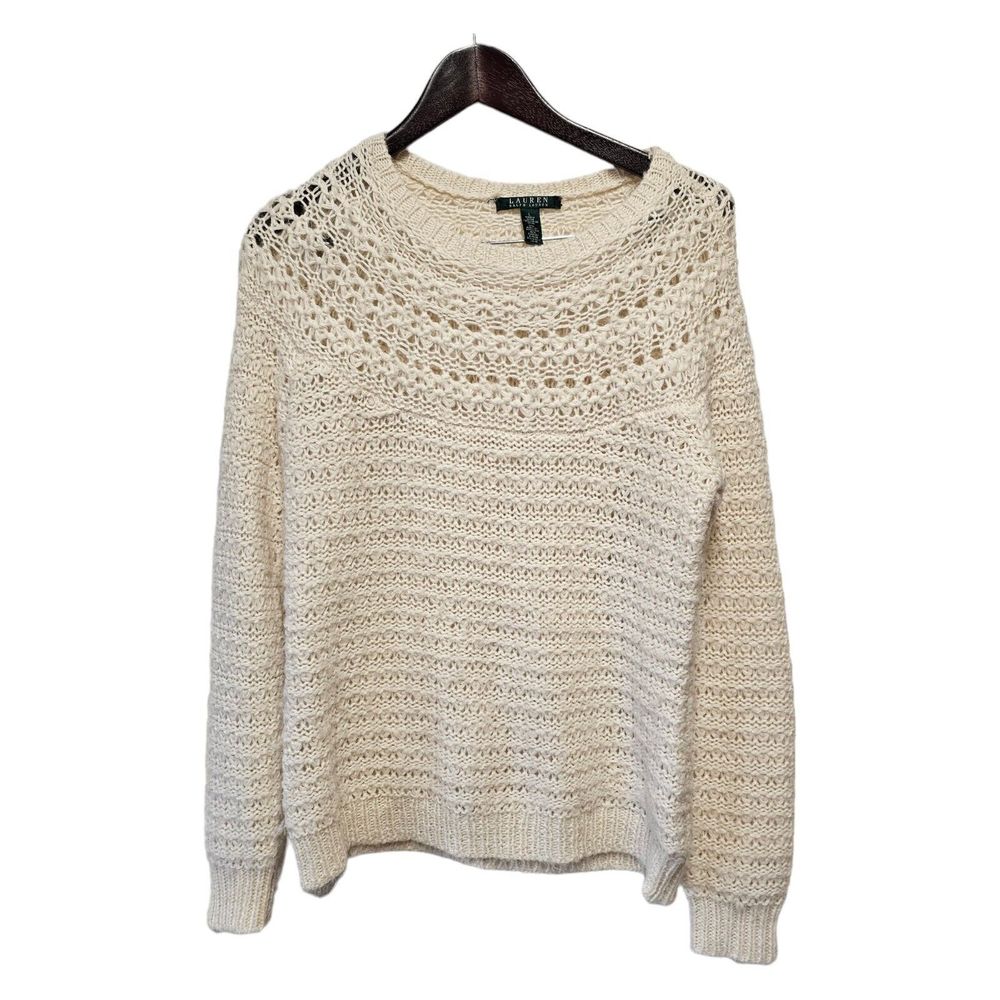 Lauren Ralph Lauren Sweater Cream Ivory Pullover Crew Neck Alpaca Wool Blend L